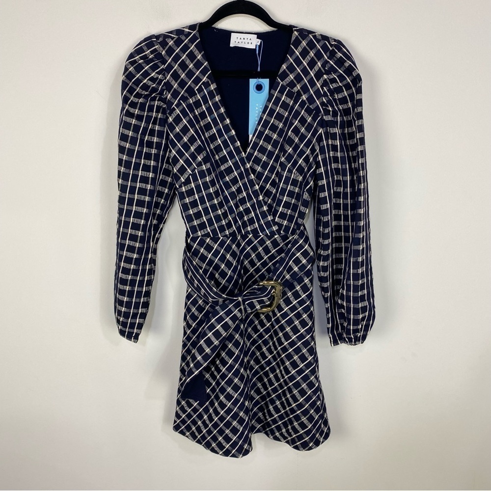 Tanya Taylor Nicola Navy Blue Plaid Long Sleeve Plunge Fit & Flare Mini Dress